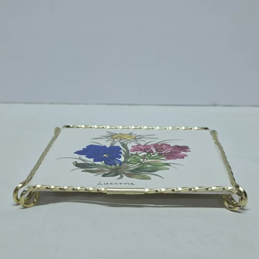 Vintage Floral Ceramic Tile Trivet Stand Coaster France Gold Toneetal Frame Boho